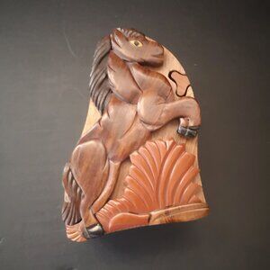 Vintage Hand Crafted 3D Intarsia Wooden Puzzle Trinket Box with Horse Carving
